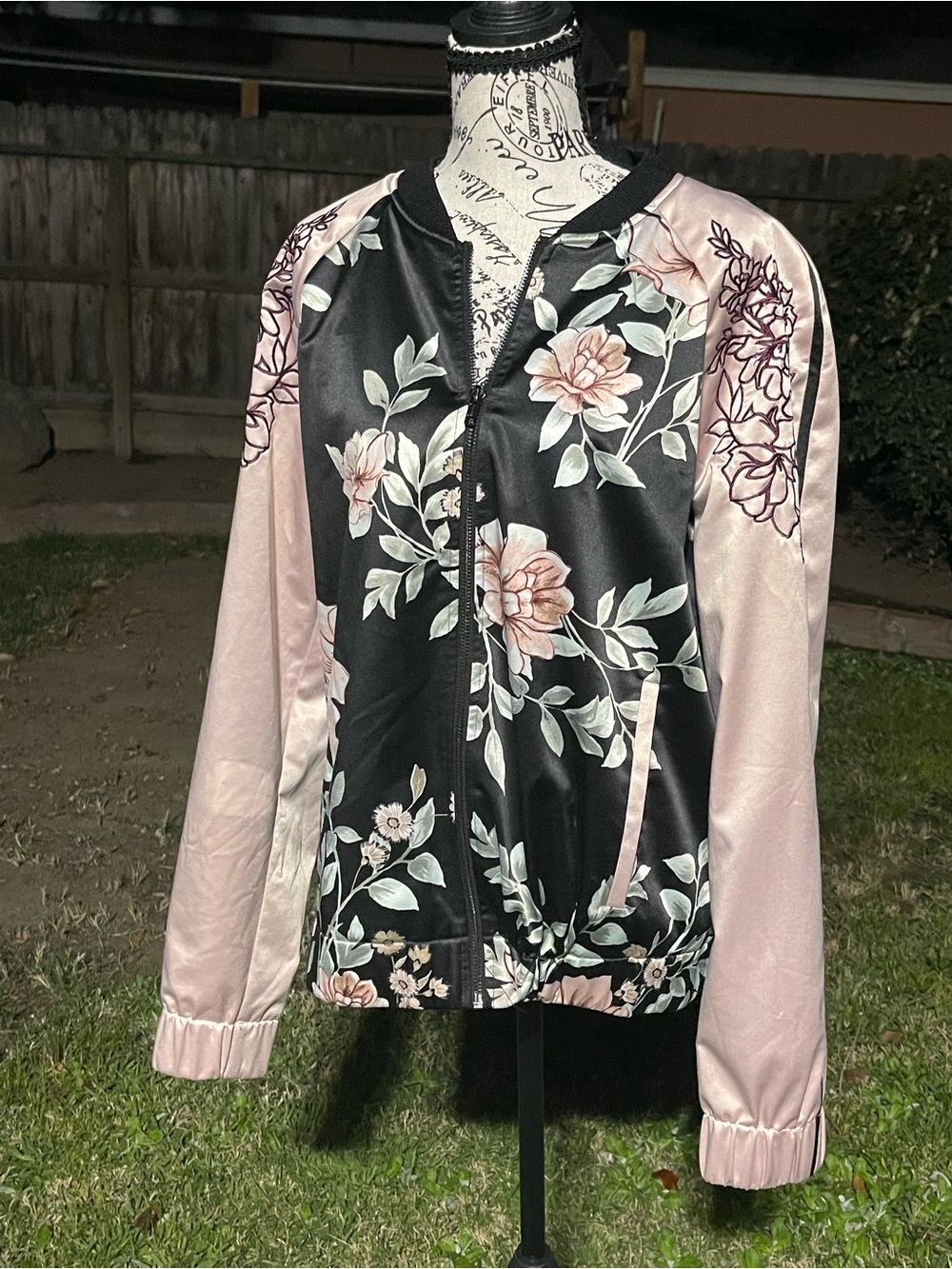 GUESS Floral Embroidered Satin Bomber Jacket Pink Black - Size Large